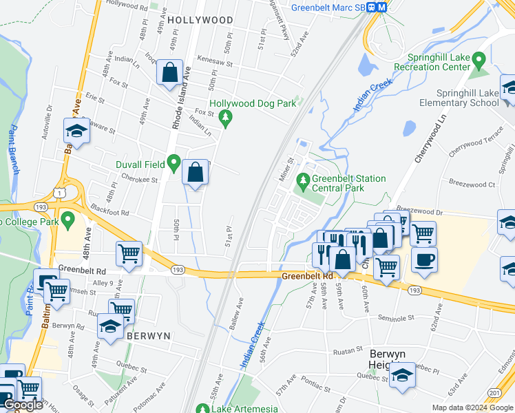 map of restaurants, bars, coffee shops, grocery stores, and more near 9123 Railroad Avenue in College Park