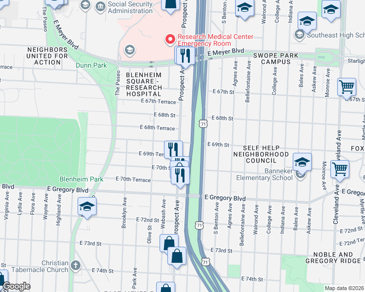 map of restaurants, bars, coffee shops, grocery stores, and more near 6901 Prospect Avenue in Kansas City