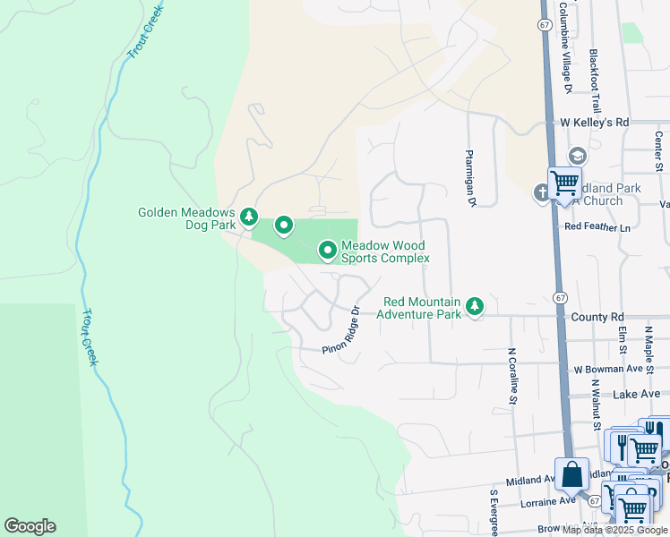 map of restaurants, bars, coffee shops, grocery stores, and more near 820 Misty Pines Circle in Woodland Park
