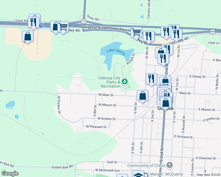 map of restaurants, bars, coffee shops, grocery stores, and more near 106 Lakeview Drive in Odessa