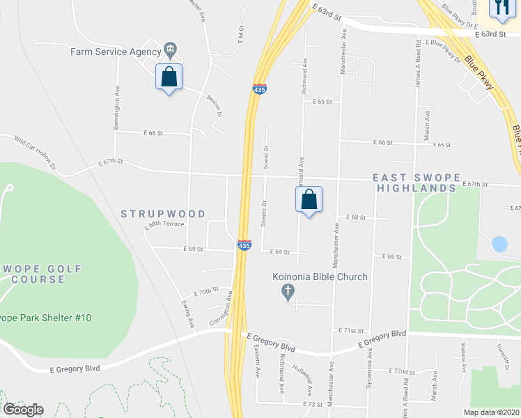 map of restaurants, bars, coffee shops, grocery stores, and more near 6736 Scenic Drive in Kansas City