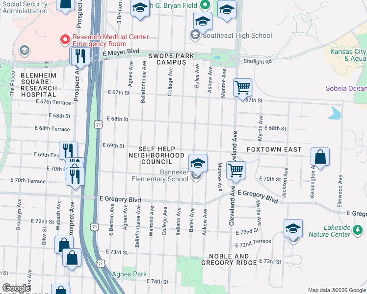 map of restaurants, bars, coffee shops, grocery stores, and more near 6844 Bales Avenue in Kansas City