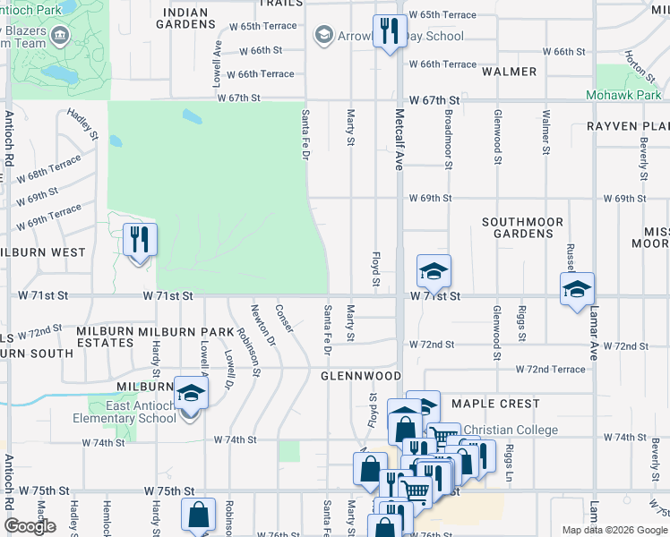 map of restaurants, bars, coffee shops, grocery stores, and more near 7021 Santa Fe Drive in Overland Park