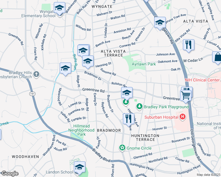 map of restaurants, bars, coffee shops, grocery stores, and more near 8903 Bradmoor Drive in Bethesda
