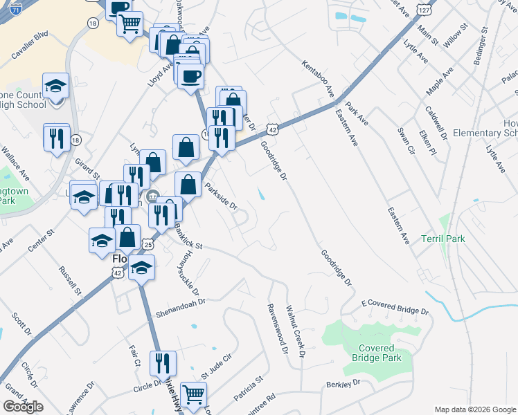 map of restaurants, bars, coffee shops, grocery stores, and more near 184 Langshire Court in Florence