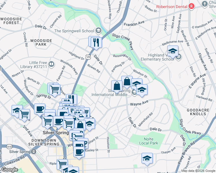 map of restaurants, bars, coffee shops, grocery stores, and more near 512 Pershing Drive in Silver Spring