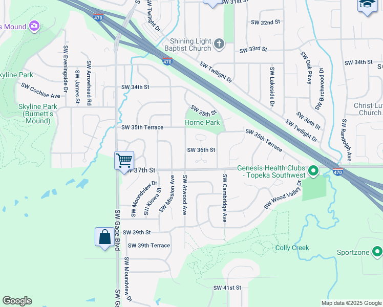 map of restaurants, bars, coffee shops, grocery stores, and more near 3715 Southwest 36th Street in Topeka