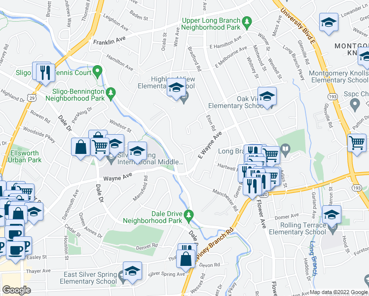 map of restaurants, bars, coffee shops, grocery stores, and more near 4 Manchester Place in Silver Spring