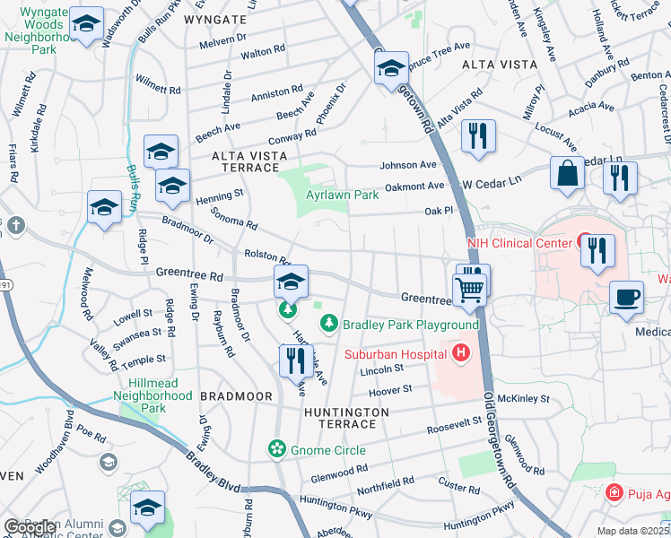 map of restaurants, bars, coffee shops, grocery stores, and more near 5805 Greentree Road in Bethesda