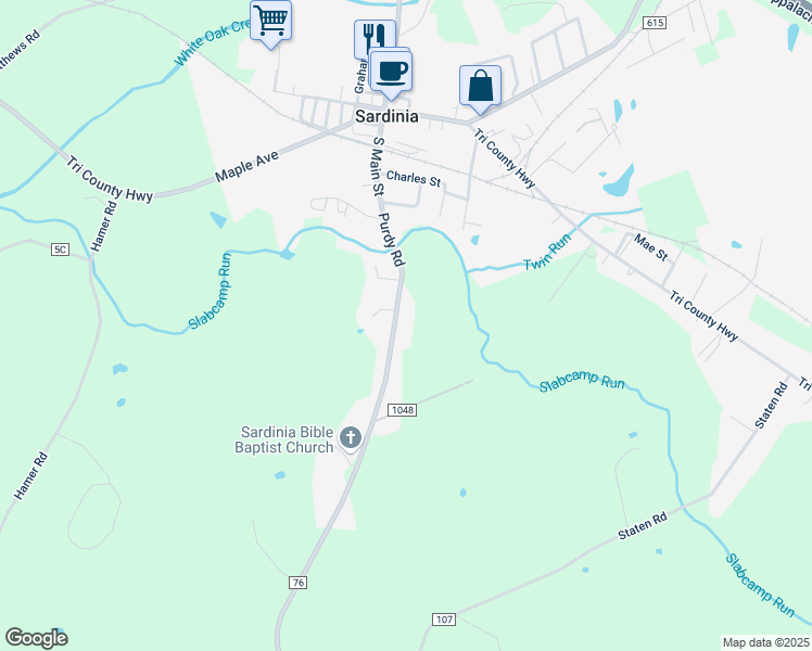 map of restaurants, bars, coffee shops, grocery stores, and more near 13188 Purdy Road in Sardinia