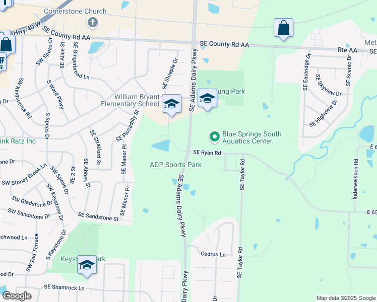 map of restaurants, bars, coffee shops, grocery stores, and more near 1200 Southeast Adams Dairy Parkway in Blue Springs
