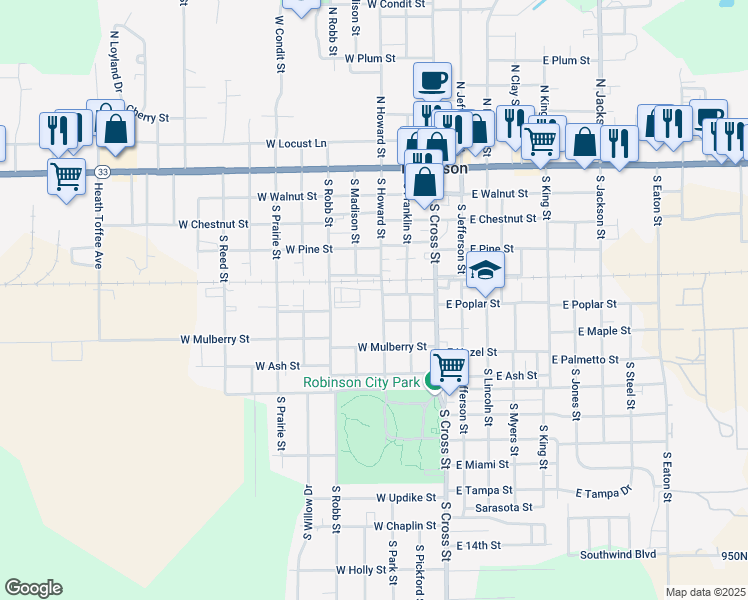 map of restaurants, bars, coffee shops, grocery stores, and more near 601-699 South Howard Street in Robinson