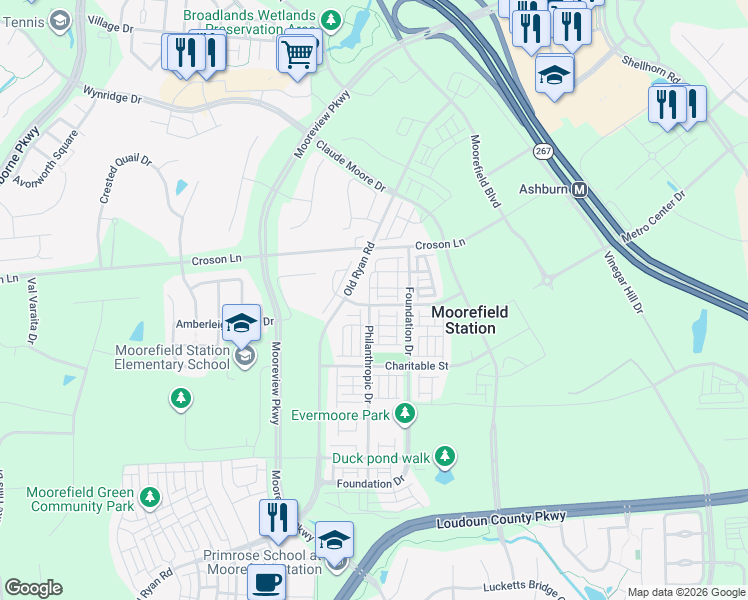 map of restaurants, bars, coffee shops, grocery stores, and more near 22246 Philanthropic Drive in Ashburn