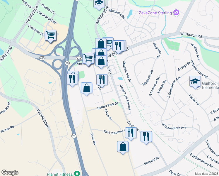 map of restaurants, bars, coffee shops, grocery stores, and more near 45387 Gable Square in Sterling