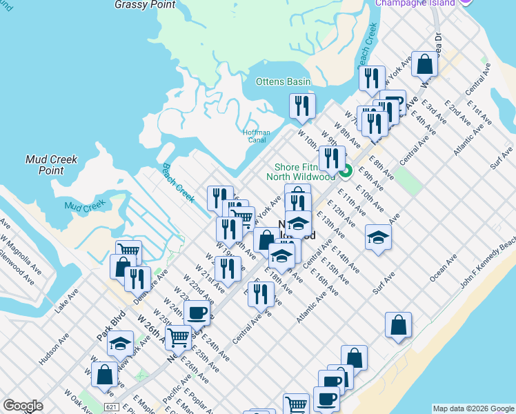 map of restaurants, bars, coffee shops, grocery stores, and more near 206 West 15th Avenue in North Wildwood