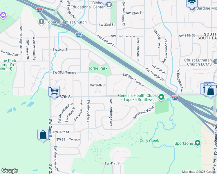 map of restaurants, bars, coffee shops, grocery stores, and more near 3608 Southwest Cambridge Avenue in Topeka