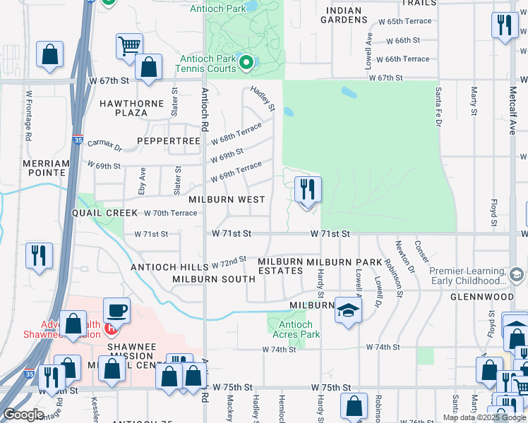 map of restaurants, bars, coffee shops, grocery stores, and more near 7020 Hadley Street in Overland Park