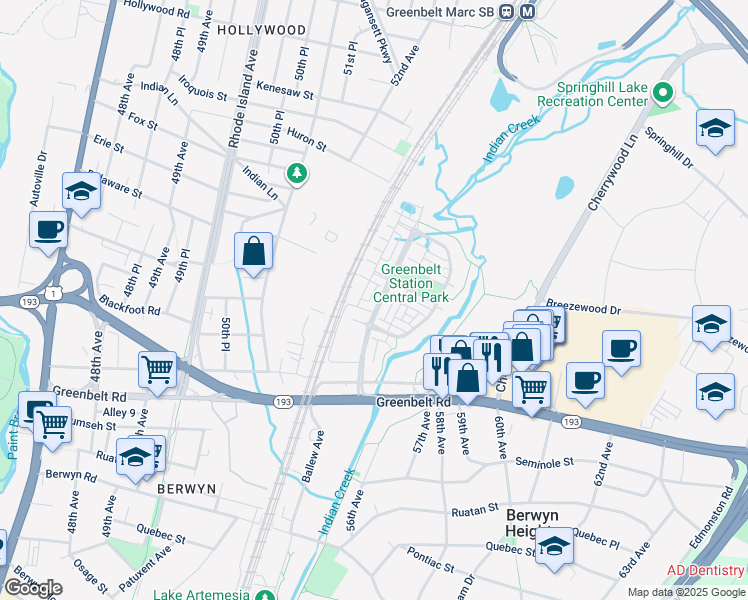 map of restaurants, bars, coffee shops, grocery stores, and more near 8102 Greenbelt Station Parkway in Greenbelt