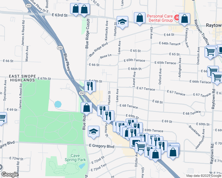 map of restaurants, bars, coffee shops, grocery stores, and more near 6709 Hunter in Raytown