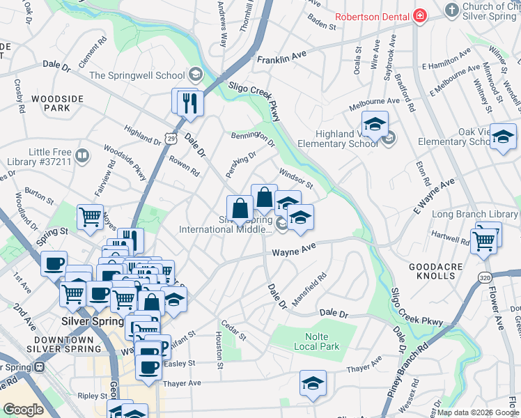 map of restaurants, bars, coffee shops, grocery stores, and more near 601 Dale Drive in Silver Spring