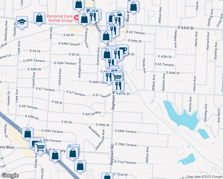 map of restaurants, bars, coffee shops, grocery stores, and more near 6702 Raytown Road in Raytown