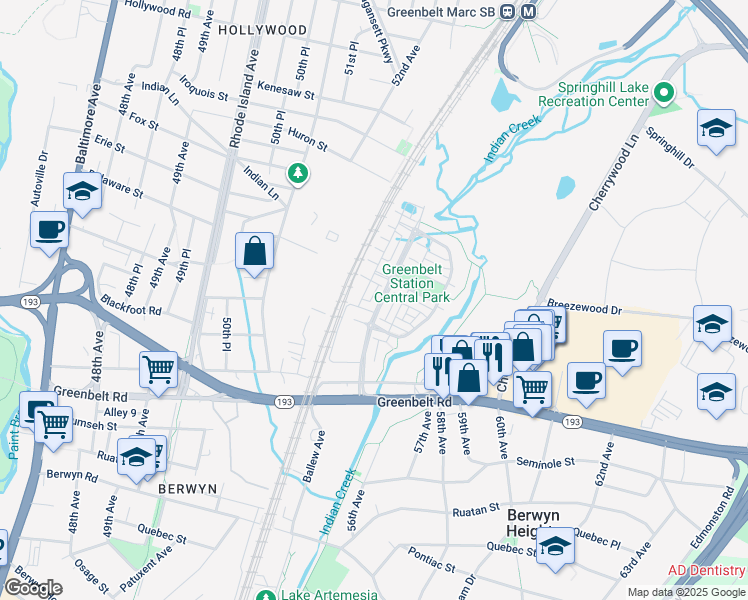 map of restaurants, bars, coffee shops, grocery stores, and more near 8102 Greenbelt Station Parkway in Greenbelt