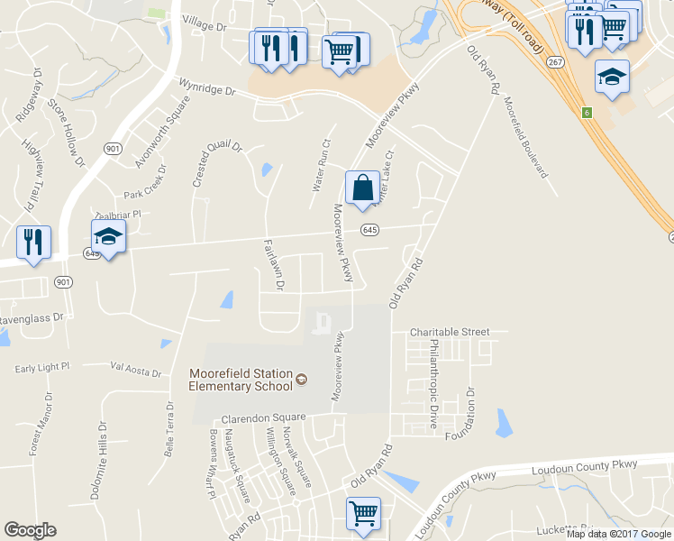 map of restaurants, bars, coffee shops, grocery stores, and more near 43264 Goosefoot Square in Ashburn