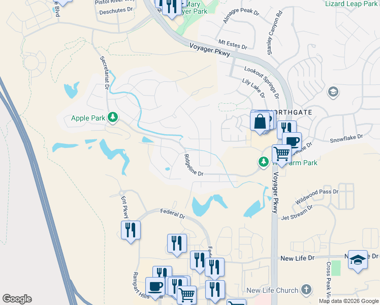 map of restaurants, bars, coffee shops, grocery stores, and more near 1127 Seabiscuit Drive in Colorado Springs