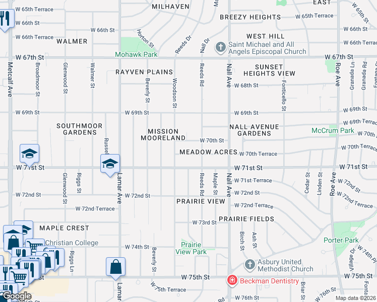 map of restaurants, bars, coffee shops, grocery stores, and more near 5808 West 70th Terrace in Overland Park