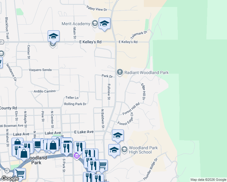 map of restaurants, bars, coffee shops, grocery stores, and more near 706 Center Avenue in Woodland Park
