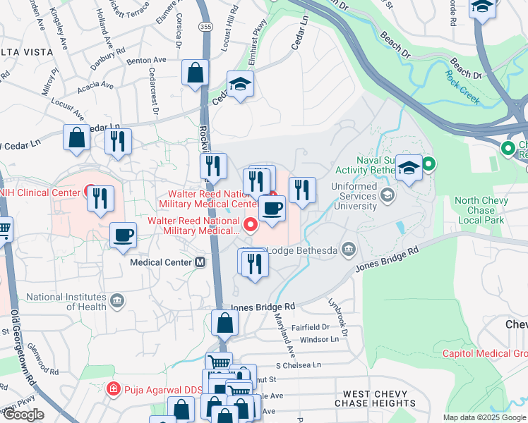 map of restaurants, bars, coffee shops, grocery stores, and more near 8901 Rockville Pike in Bethesda