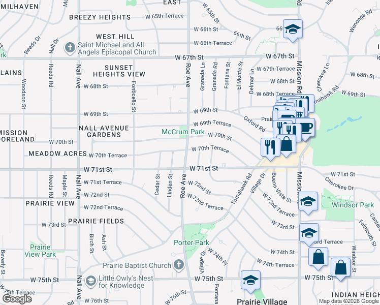 map of restaurants, bars, coffee shops, grocery stores, and more near 7041 Roe Avenue in Prairie Village