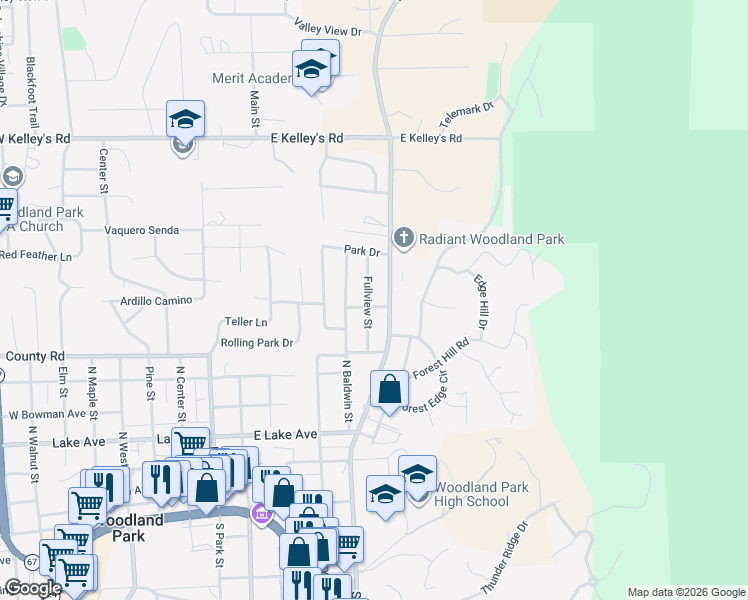 map of restaurants, bars, coffee shops, grocery stores, and more near 706 Center Avenue in Woodland Park