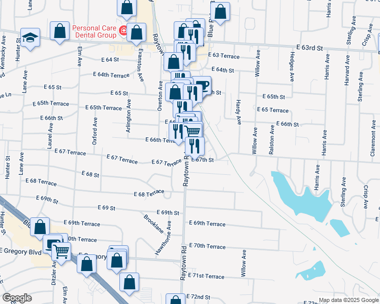 map of restaurants, bars, coffee shops, grocery stores, and more near 6702 Raytown Road in Raytown