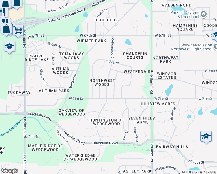 map of restaurants, bars, coffee shops, grocery stores, and more near 7001 Cottonwood Drive in Shawnee