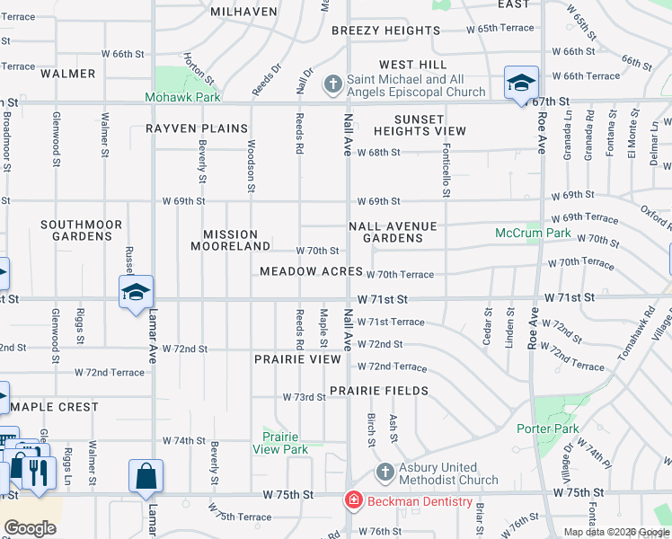 map of restaurants, bars, coffee shops, grocery stores, and more near 5516 West 70th Terrace in Prairie Village