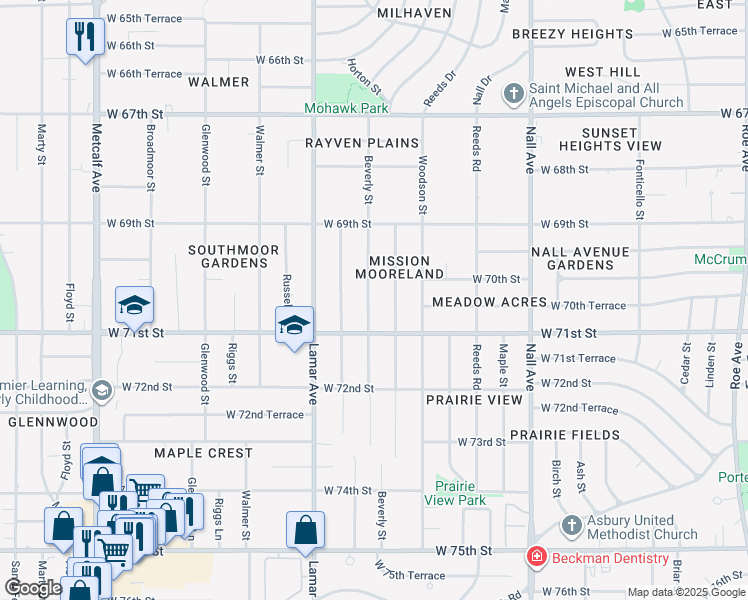 map of restaurants, bars, coffee shops, grocery stores, and more near 7017 Beverly Street in Overland Park