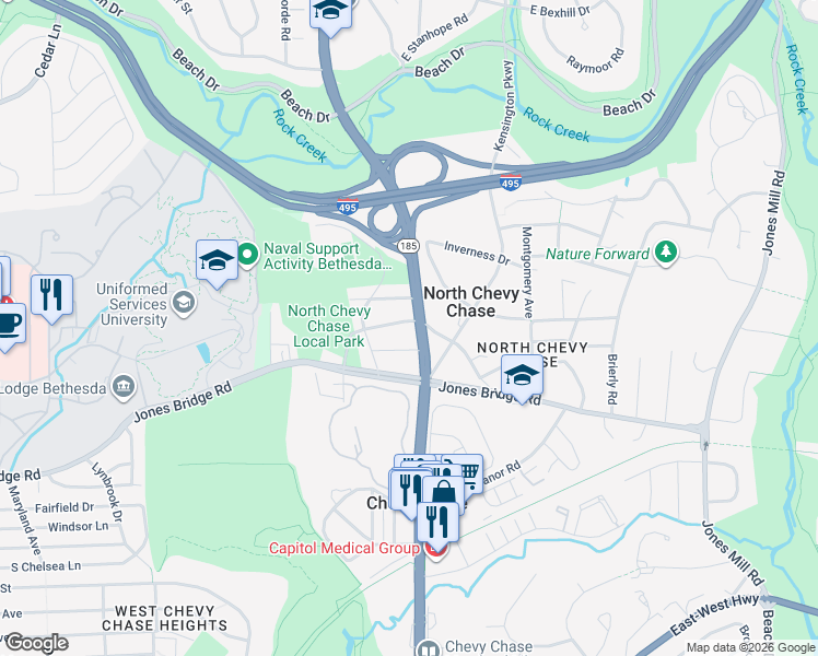 map of restaurants, bars, coffee shops, grocery stores, and more near 3900 Montrose Drive in Chevy Chase