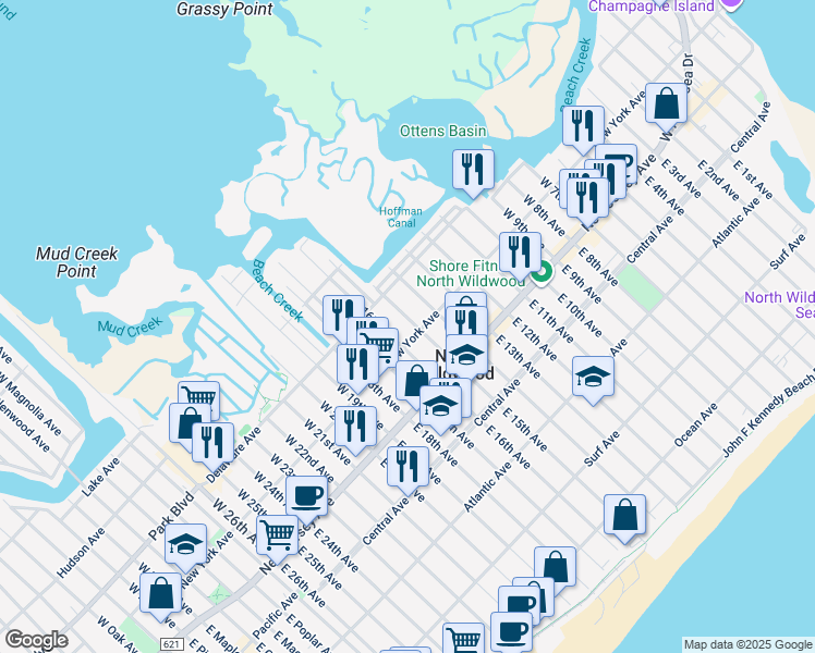 map of restaurants, bars, coffee shops, grocery stores, and more near 204 West 15th Avenue in North Wildwood