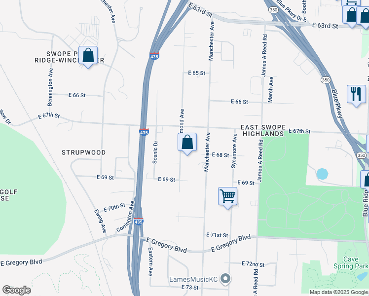 map of restaurants, bars, coffee shops, grocery stores, and more near 6723 Richmond Avenue in Kansas City