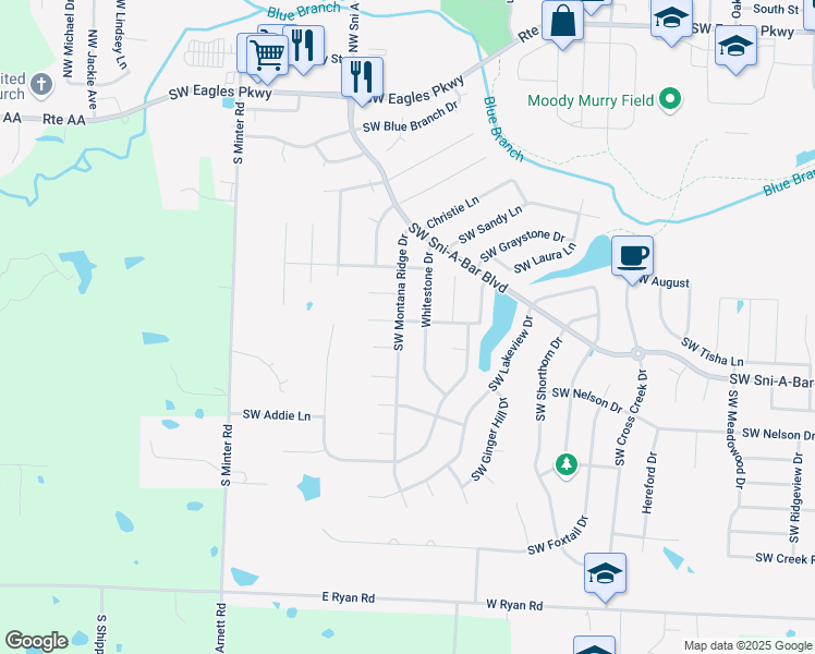 map of restaurants, bars, coffee shops, grocery stores, and more near 1129 Stockman Drive in Grain Valley