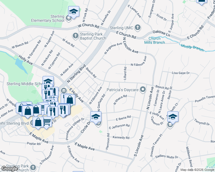 map of restaurants, bars, coffee shops, grocery stores, and more near 135 North Garfield Road in Sterling