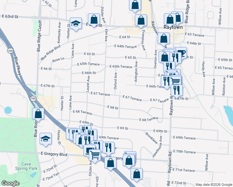 map of restaurants, bars, coffee shops, grocery stores, and more near 9354 East 67 Terrace in Raytown