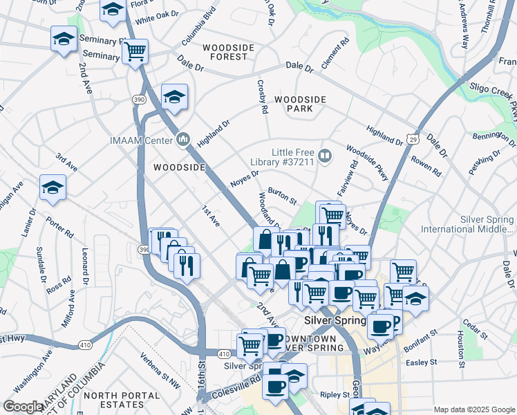 map of restaurants, bars, coffee shops, grocery stores, and more near 8900 Woodland Drive in Silver Spring