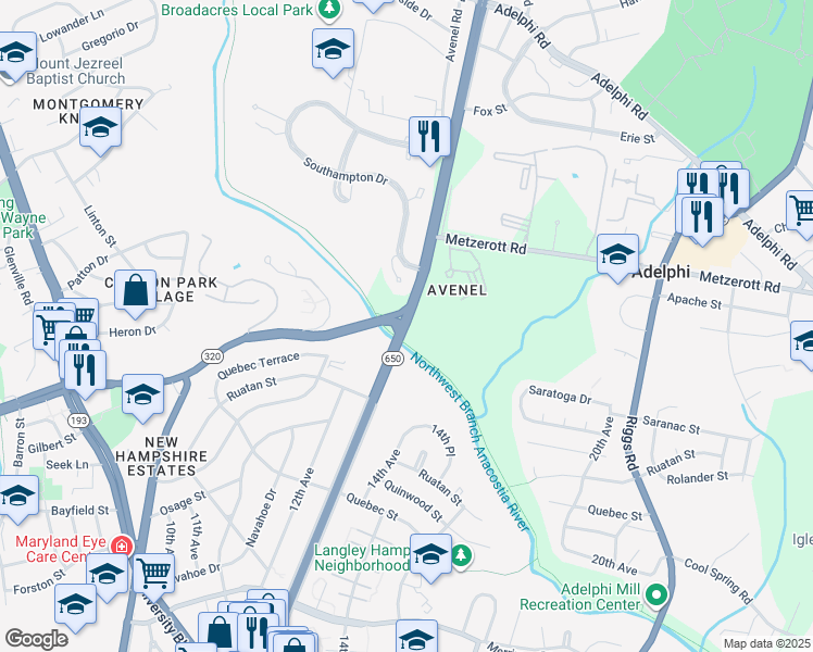 map of restaurants, bars, coffee shops, grocery stores, and more near New Hampshire Ave & Piney Branch Rd in Adelphi
