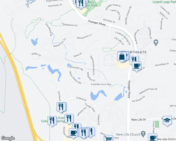 map of restaurants, bars, coffee shops, grocery stores, and more near 1111 Kelso Place in Colorado Springs
