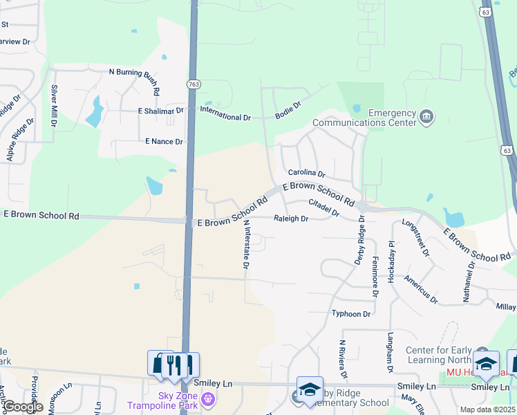 map of restaurants, bars, coffee shops, grocery stores, and more near 1312 East Brown School Road in Columbia