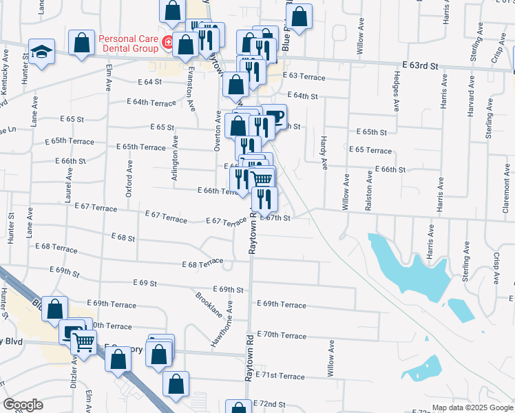 map of restaurants, bars, coffee shops, grocery stores, and more near 6702 Raytown Road in Raytown