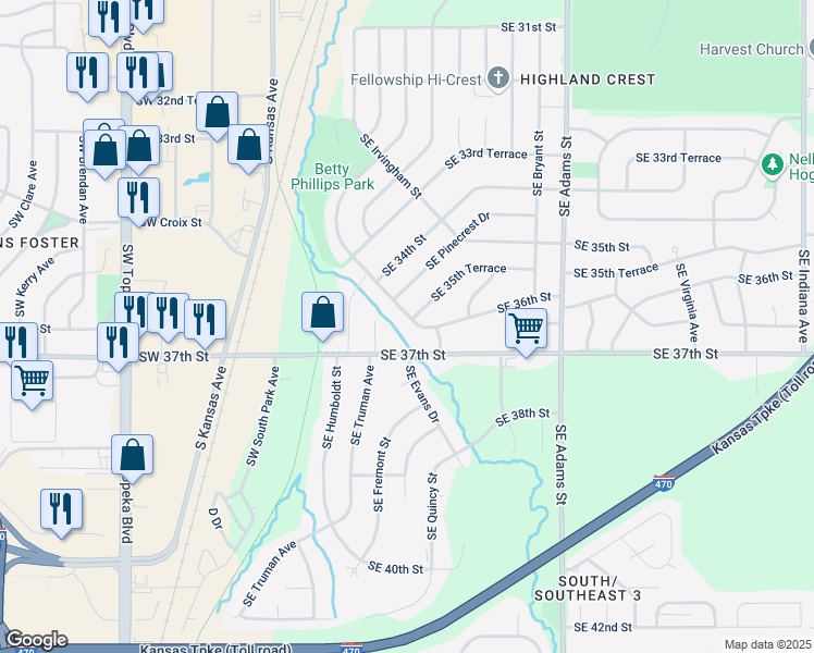 map of restaurants, bars, coffee shops, grocery stores, and more near 3522 Southeast Girard Street in Topeka