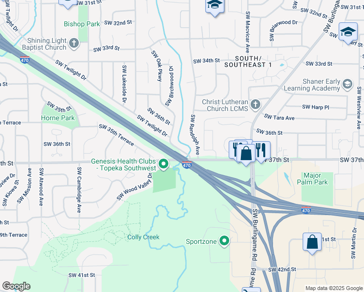 map of restaurants, bars, coffee shops, grocery stores, and more near 3650 SW Oak Pkwy in Topeka